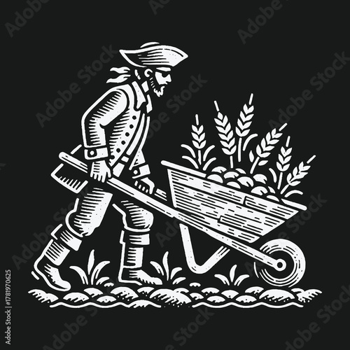 Colonial Farmer Pushing a Wheelbarrow of Harvested Wheat Illustration.