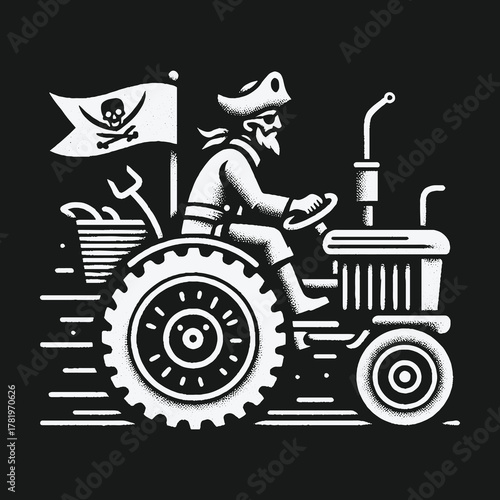 Monochrome Graphic Illustration of a Pirate Driving a Farm Tractor.