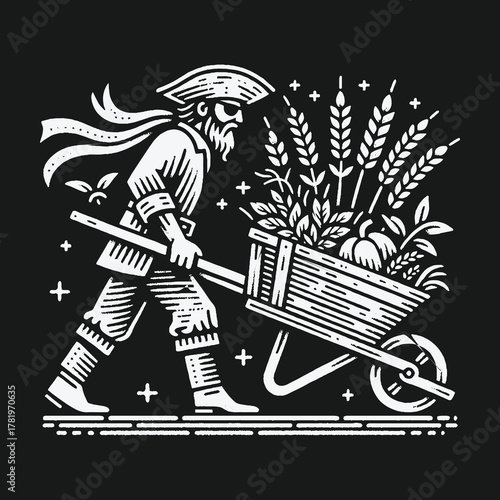 Vintage woodcut style illustration of a farmer pushing a wheelbarrow.