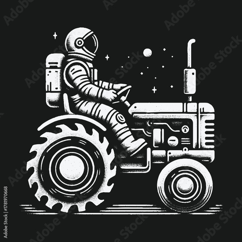 An astronaut in a spacesuit driving a vintage tractor in outer space.