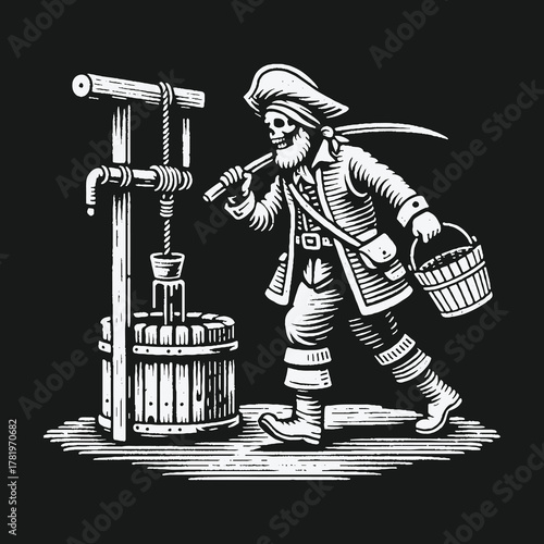 Skeleton pirate with a sword and bucket at a wooden water well.