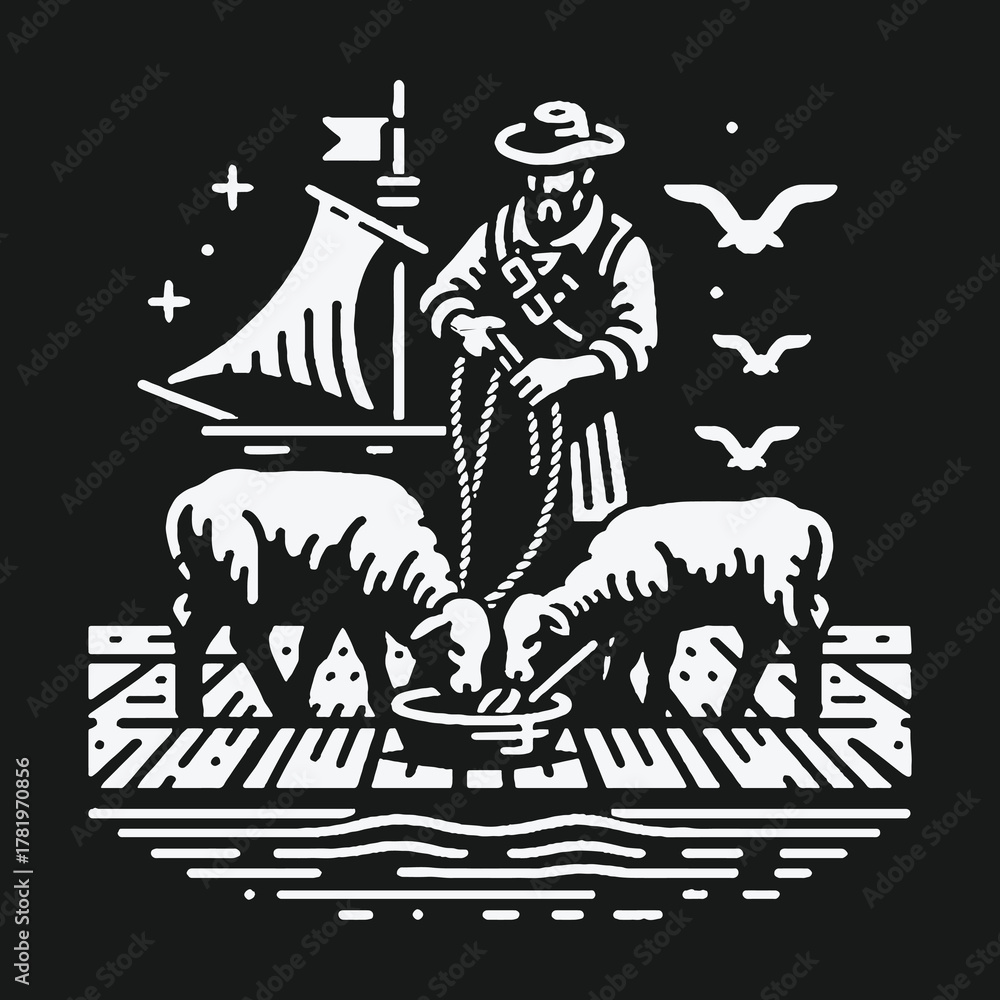 Obraz premium Vintage black and white illustration of a sailor shepherd feeding two sheep on a dock.