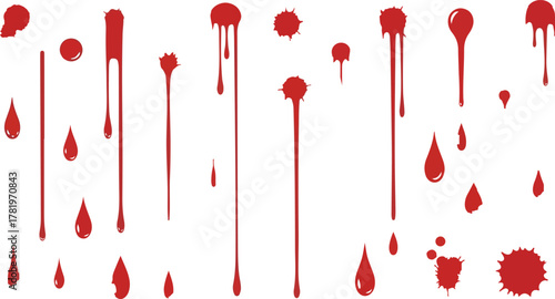 The image shows various shapes and sizes of red blood drips and splatters on a white background