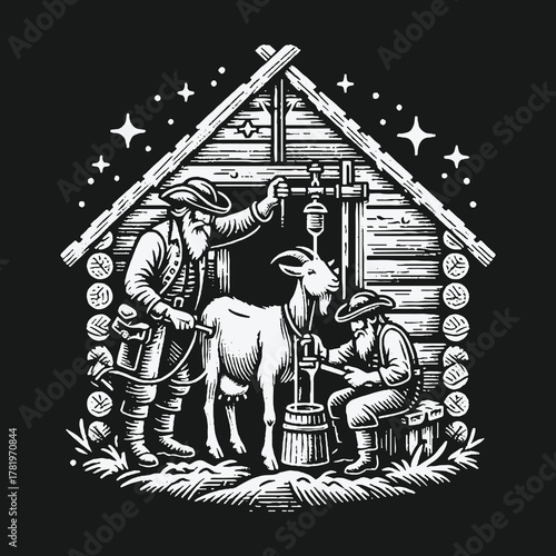 Vintage woodcut illustration of two farmers milking a goat at night by a log cabin.