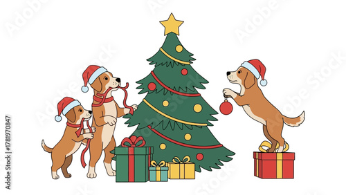 Festive Paws and Pine: Delightful puppies decked out in festive attire collaborate to adorn a Christmas tree, wrapping gifts beneath, spreading holiday cheer and togetherness.