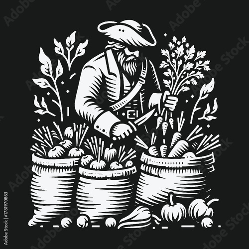 Vintage Woodcut Style Farmer Harvesting Vegetables.