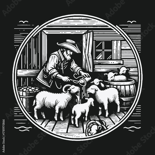 Vintage Farmer Feeding Sheep and Goats in a Rustic Barn Woodcut Illustration.
