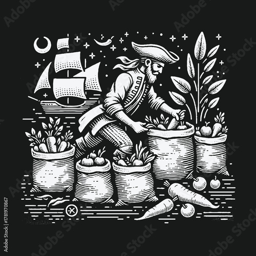 Vintage Pirate Gathering Vegetables at Night by the Sea.
