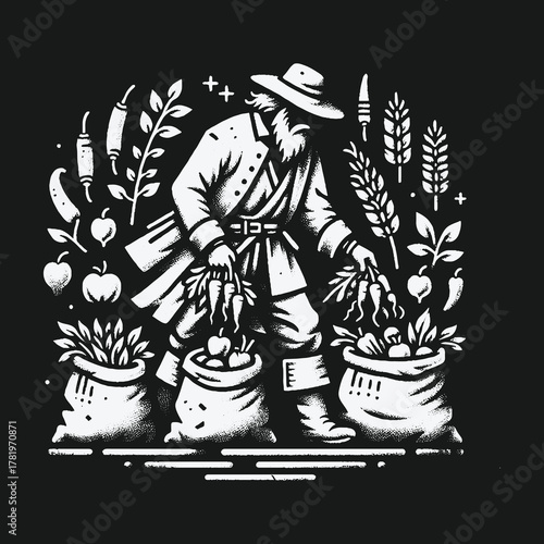 Rustic farmer gathering a bountiful harvest of vegetables.