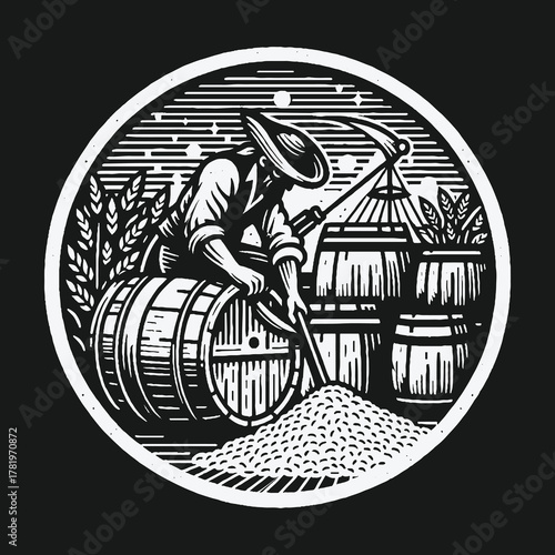 Vintage woodcut illustration of a farmer scooping grain into a barrel.