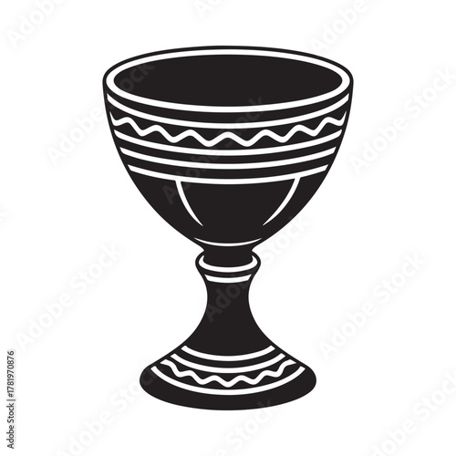 Black and white illustration of an ornate chalice with decorative bands