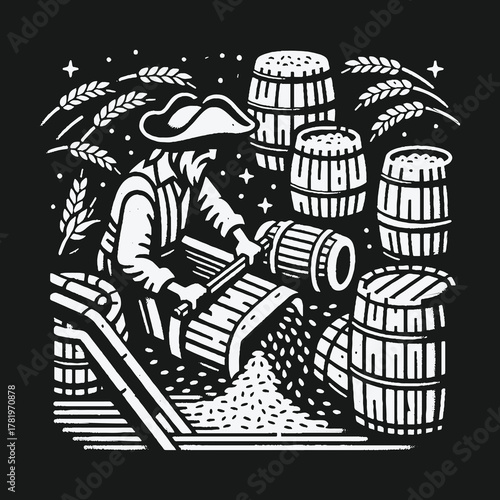 Vintage black and white illustration of a colonial brewer working with grain barrels.