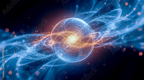 Glowing energy sphere with swirling particles on dark background in digital style.