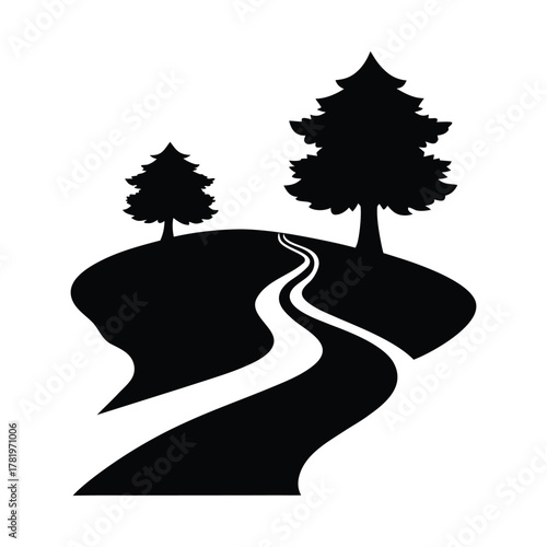 Nature Landscape Silhouette with Winding Path Hill and Two Pine Trees Vector Illustration