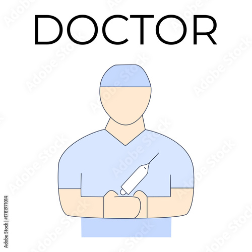A flat vector icon of a doctor with a syringe in his hand for topics related to healthcare, medicine, diagnostics, health care, the work of medical personnel, for websites, in advertising, on banners
