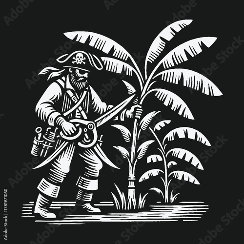 Monochrome woodcut illustration of a pirate with a cutlass next to a banana tree.