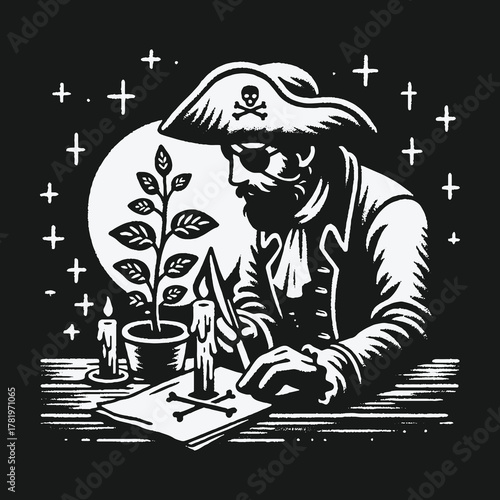 Monochrome Pirate Captain Writing by Candlelight Under a Full Moon.