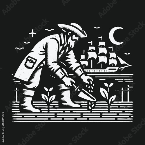 A seafaring man cultivates a small plot of land under a crescent moon.