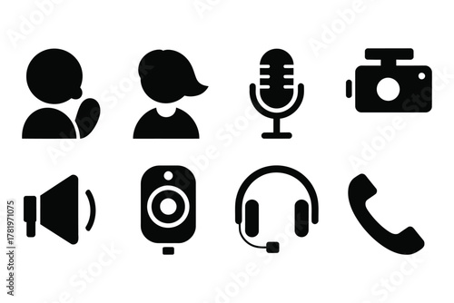Black silhouette icons collection for communication, audio, video, media, and user interface elements. graphic design vector set on isolated background.