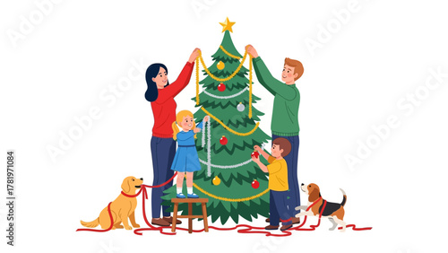 Christmas Tree Decorating: A family unites in the joyous tradition of decorating their Christmas tree, a heartwarming scene filled with festive spirit and togetherness. 