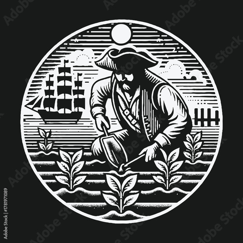 Vintage woodcut style illustration of a colonial man farming with a ship in the background.