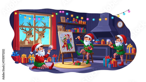 Workshop of Holiday Elves: Capturing the vibrant spirit of the season, a cheerful workshop bustles with activity as elves bring the Christmas magic to life.