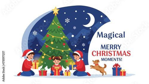 Christmas Moments of Joy: Children with the dog are opening Christmas presents with a joyful emotion while the tree is shining. A magical scene!