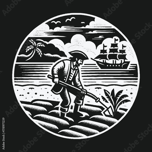Vintage Woodcut Illustration of a Pirate Farming on a Tropical Beach.