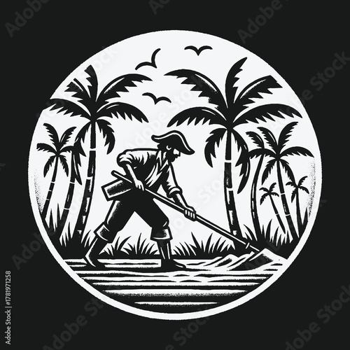 Pirate with a shovel digging for buried treasure on a tropical island.