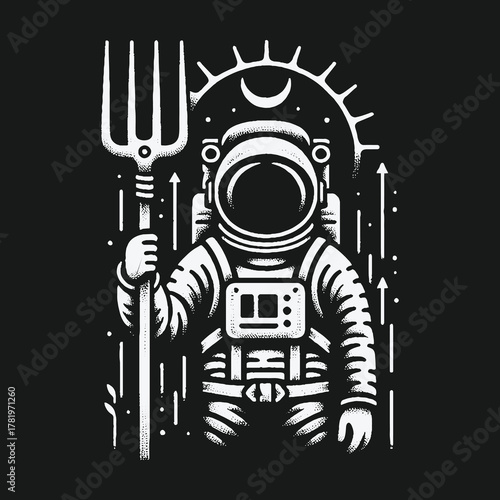 Cosmic Farmer Astronaut Holding a Pitchfork in Outer Space.