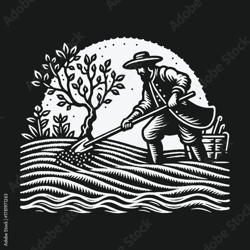 Vintage woodcut style illustration of a farmer tilling the soil.