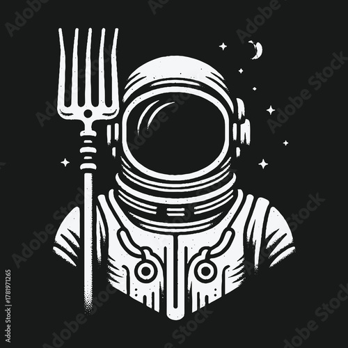Cosmic farmer astronaut with a pitchfork in outer space.