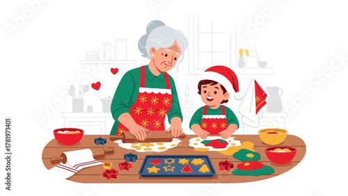 Joyful Holiday Baking: A heart-warming scene of a grandmother and grandchild sharing a cherished moment of baking festive treats, filled with love and tradition.
