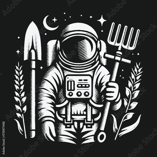 Monochrome astronaut farmer with shovel and pitchfork in space.