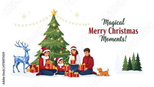 Magical Christmas Moments: A family joyfully gathered, immersed in the magic of Christmas, surrounded by presents and a beautifully decorated tree, creating a heartwarming scene.