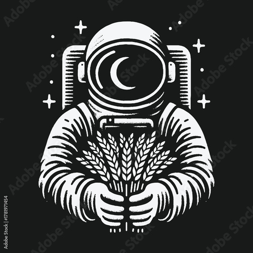 Monochrome astronaut holding a bundle of wheat in space.