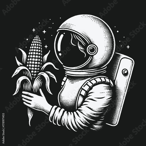 Vintage astronaut holding a corn cob in outer space illustration.