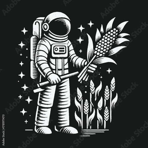 Cosmic Farmer Astronaut Harvesting Corn in a Starry Field.