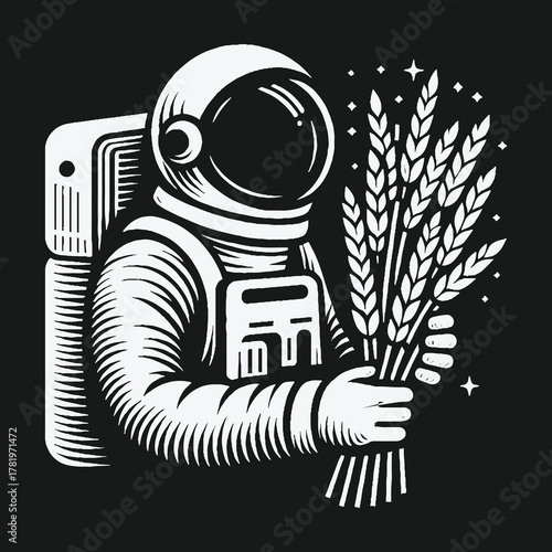 Astronaut farmer holding a sheaf of wheat in outer space.