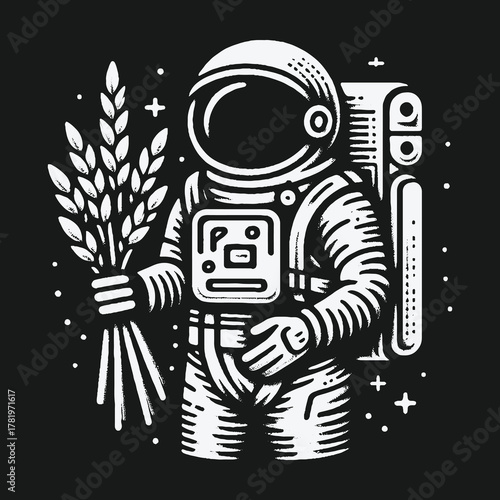 Monochrome astronaut holding a harvest of wheat in space.