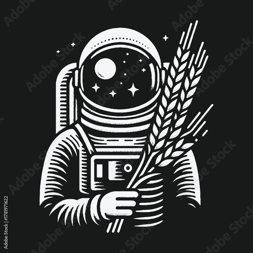 Monochrome illustration of an astronaut holding wheat in space.