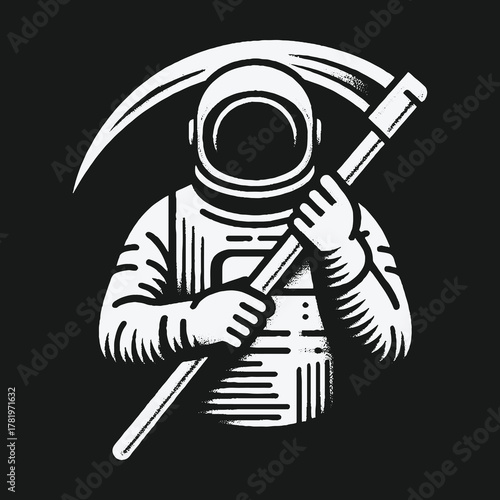 Monochrome illustration of an astronaut grim reaper holding a scythe.