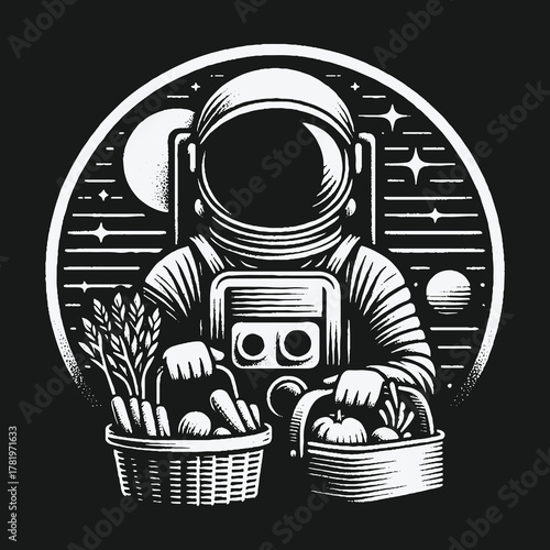 Astronaut Farmer Holding Baskets of Fresh Vegetables in Space.