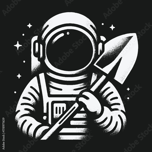 Monochrome astronaut with a shovel in outer space.