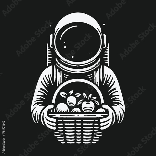 Monochrome astronaut holding a wicker basket of fresh fruit.