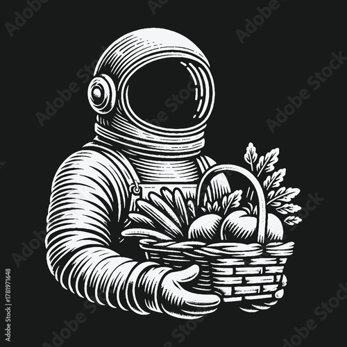 Engraving style astronaut farmer holding a vegetable basket.