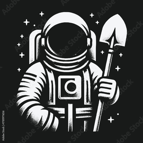 Monochrome graphic illustration of an astronaut holding a shovel in space.