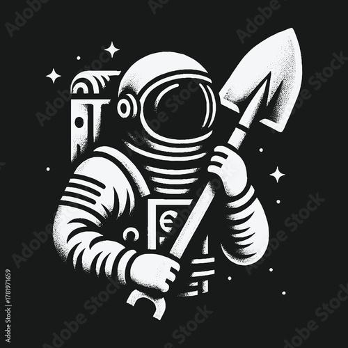 Monochrome Graphic Illustration of an Astronaut Holding a Shovel.