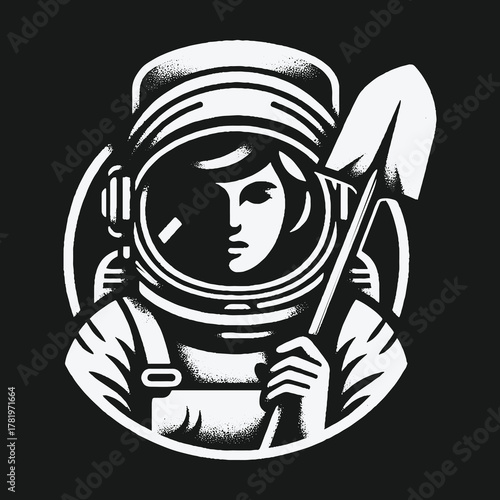 Monochrome graphic illustration of a female astronaut holding a shovel.