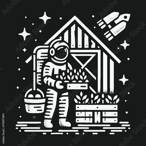 Astronaut Farmer Tending to Plants in a Space Greenhouse.